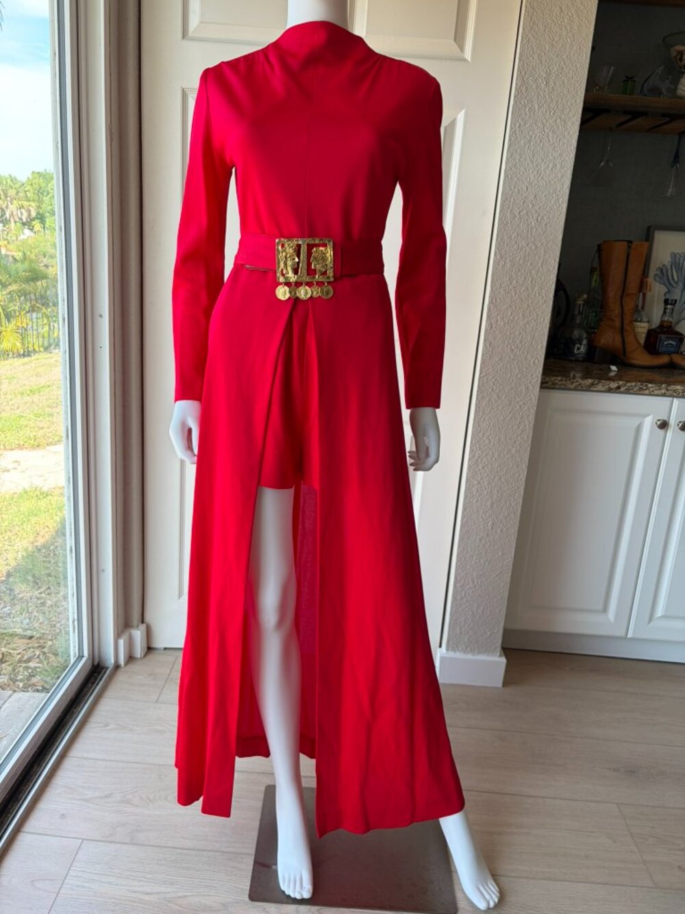 Vintage 70's Red Long Sleeve Maxi Cape Dress With Shorts
